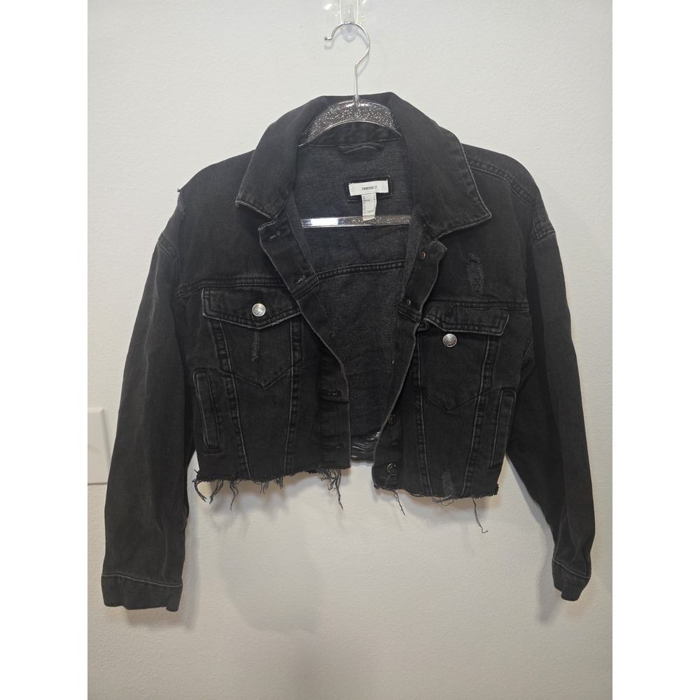 Forever 21 Womens S Black Cropped Denim Jacket Distressed Raw Hem Grunge